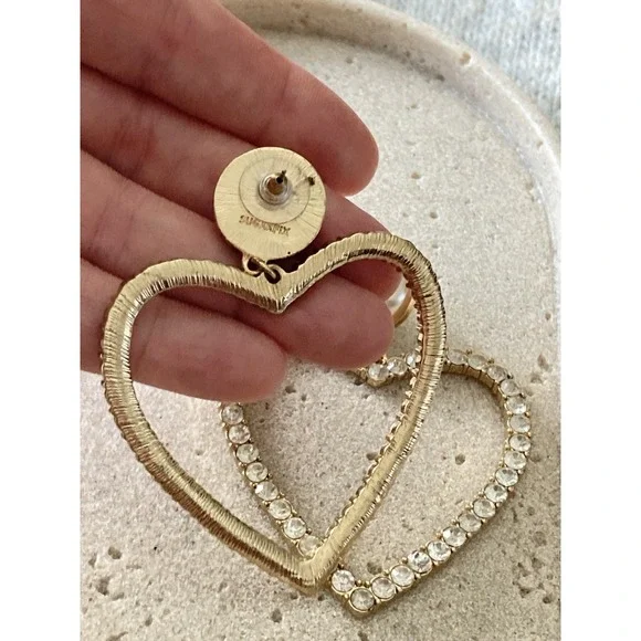 Sugarfix Heart Drop Earrings Faux Pearl Rhinestone Gold Tone Statement Dangle - Picture 6 of 7